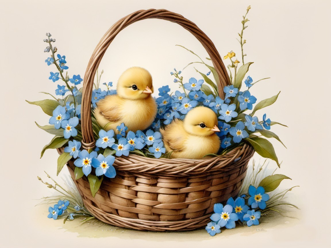 Wicker Basket with Ducklings and Blue Flowers