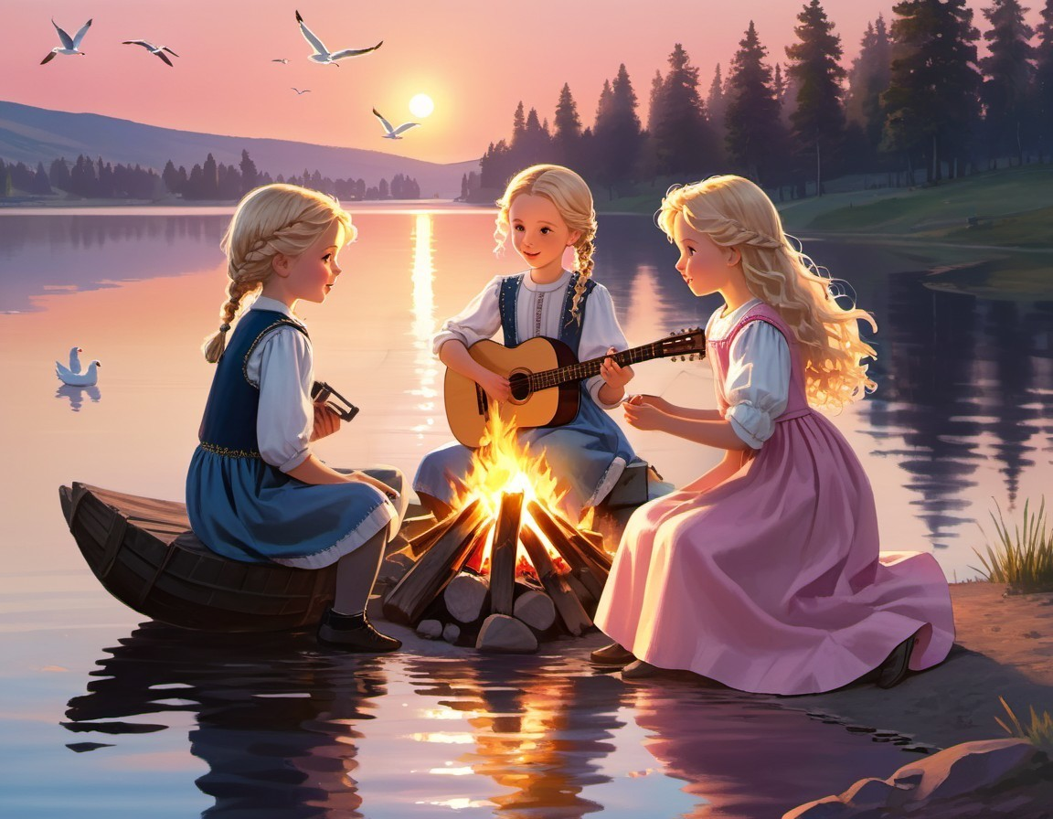 Young girls around a campfire by a serene lake