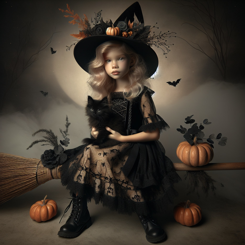 Young girl in witch costume with black cat and decor