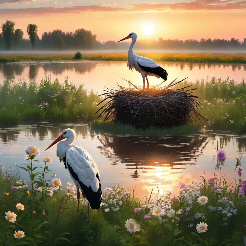 Serene Dawn Landscape with Storks by Waterway