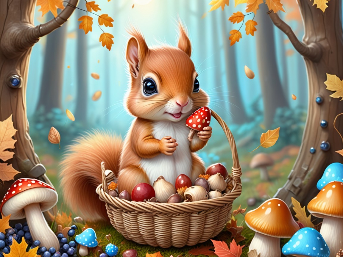 Squirrel with Acorns in a Colorful Autumn Forest