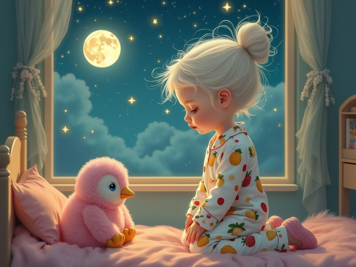 Cozy Bedroom Scene with Young Girl and Stuffed Penguin