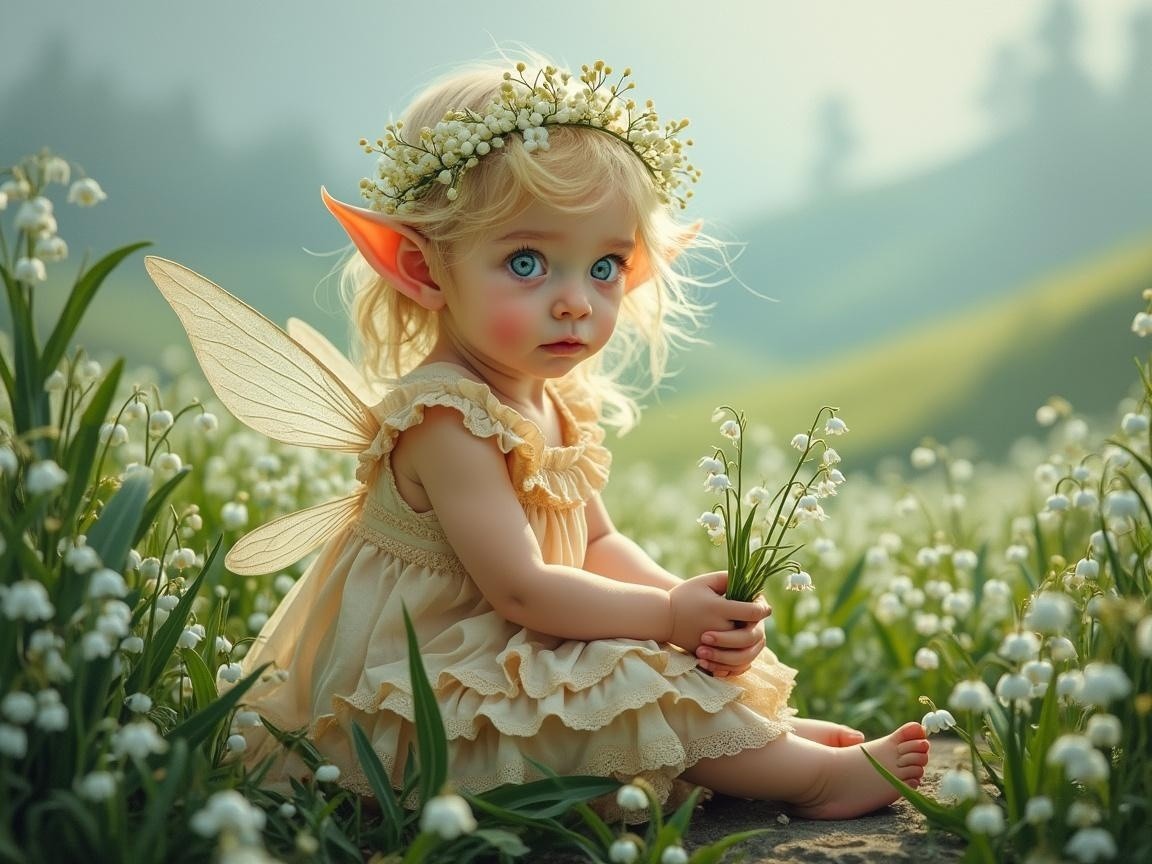 Fairy child in a meadow with flowers and wings