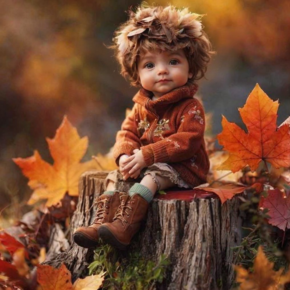 Charming Doll on Tree Stump Surrounded by Autumn Leaves