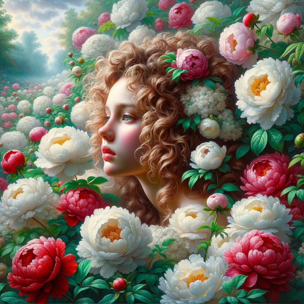 Woman's Profile in a Blooming Peony Garden