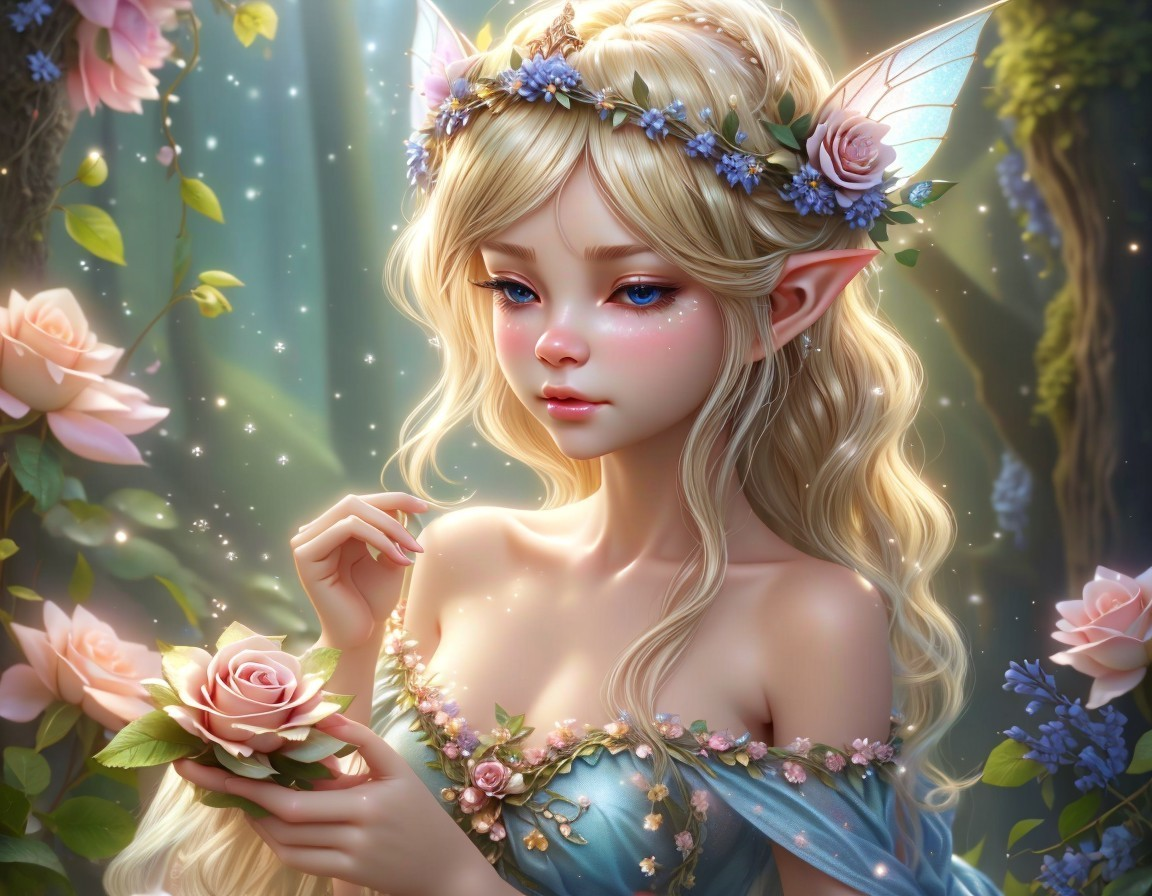 Ethereal Fairy in Lush Forest with Pink Rose