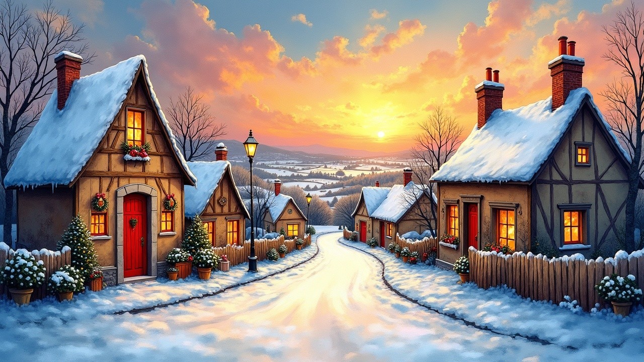 Winter Village Scene with Snowy Cottages at Sunset