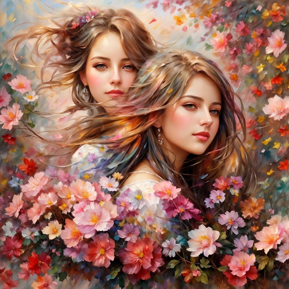 Ethereal Women Surrounded by Colorful Blossoms