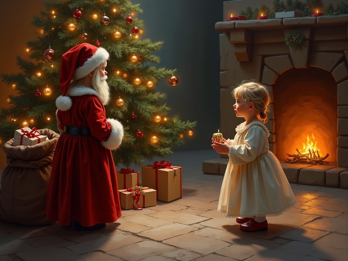 Child in Santa Costume by Christmas Tree with Gifts