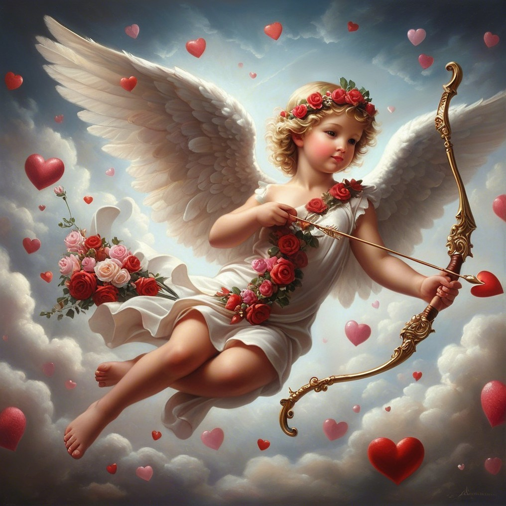 Enchanting Angel in Clouds with Hearts and Flowers
