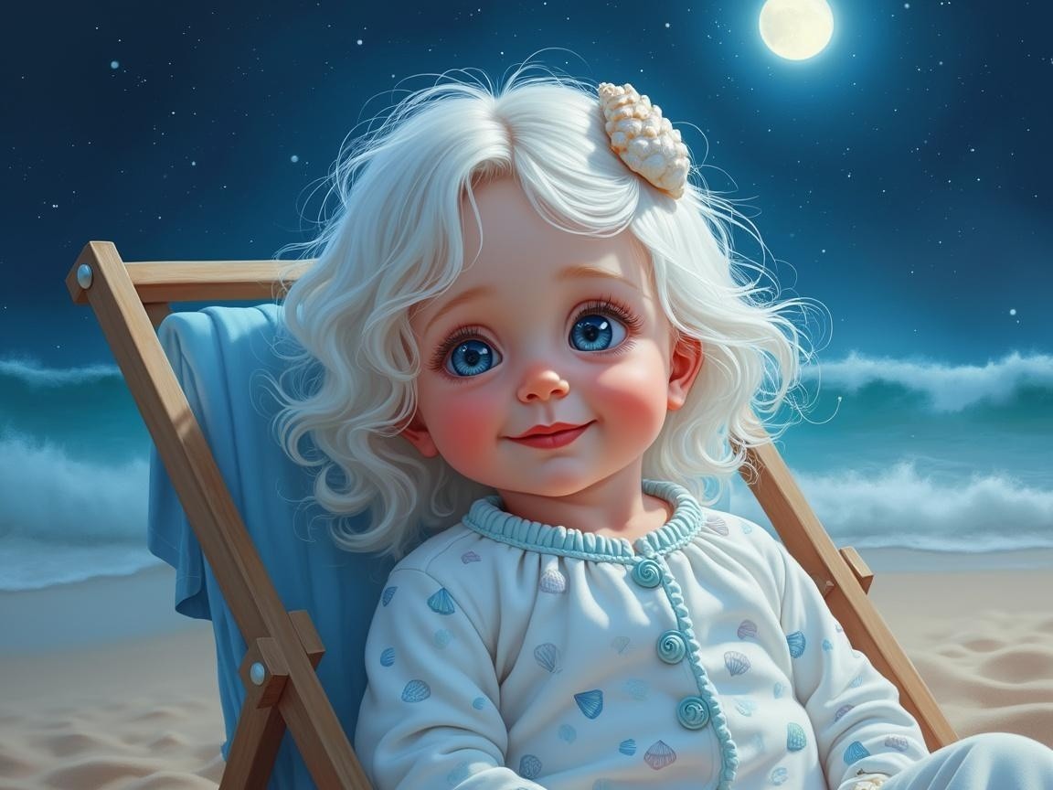 Child with Curly White Hair in Moonlit Beach Scene