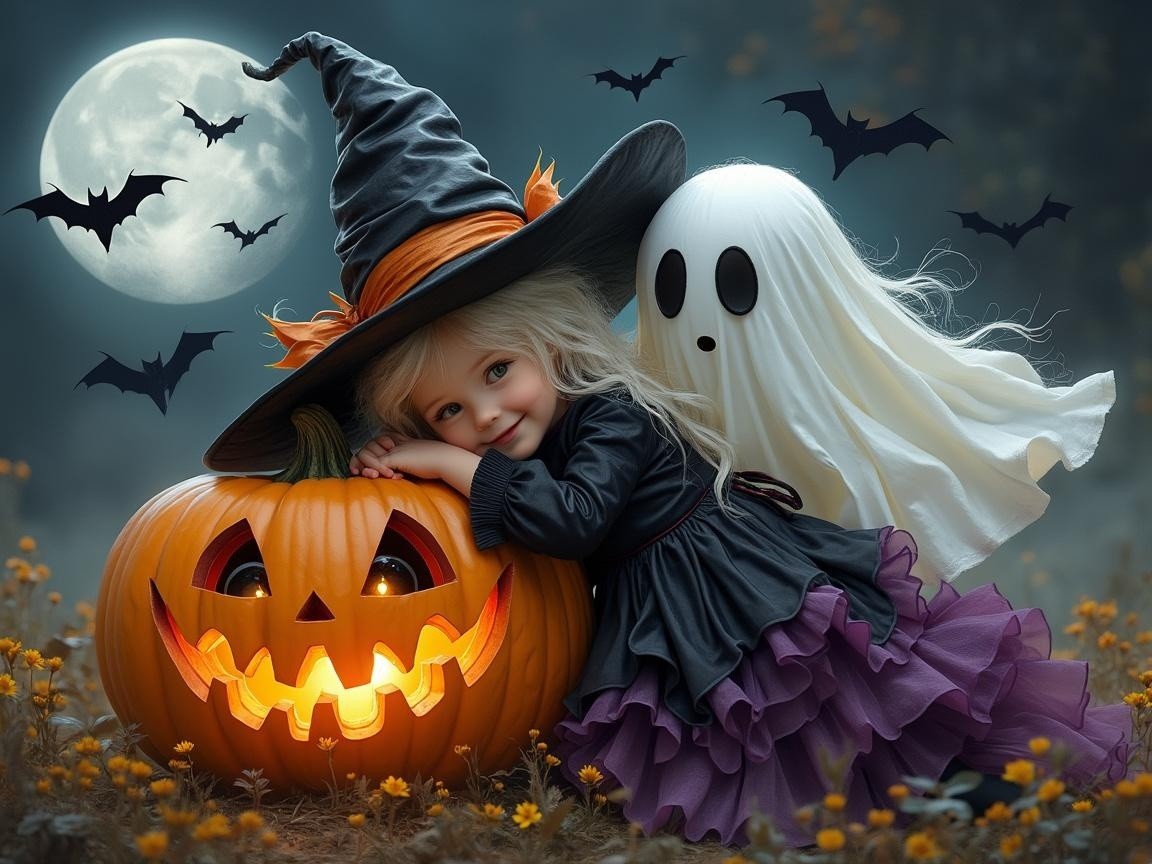 Cheerful Child in Witch Costume by Glowing Pumpkin