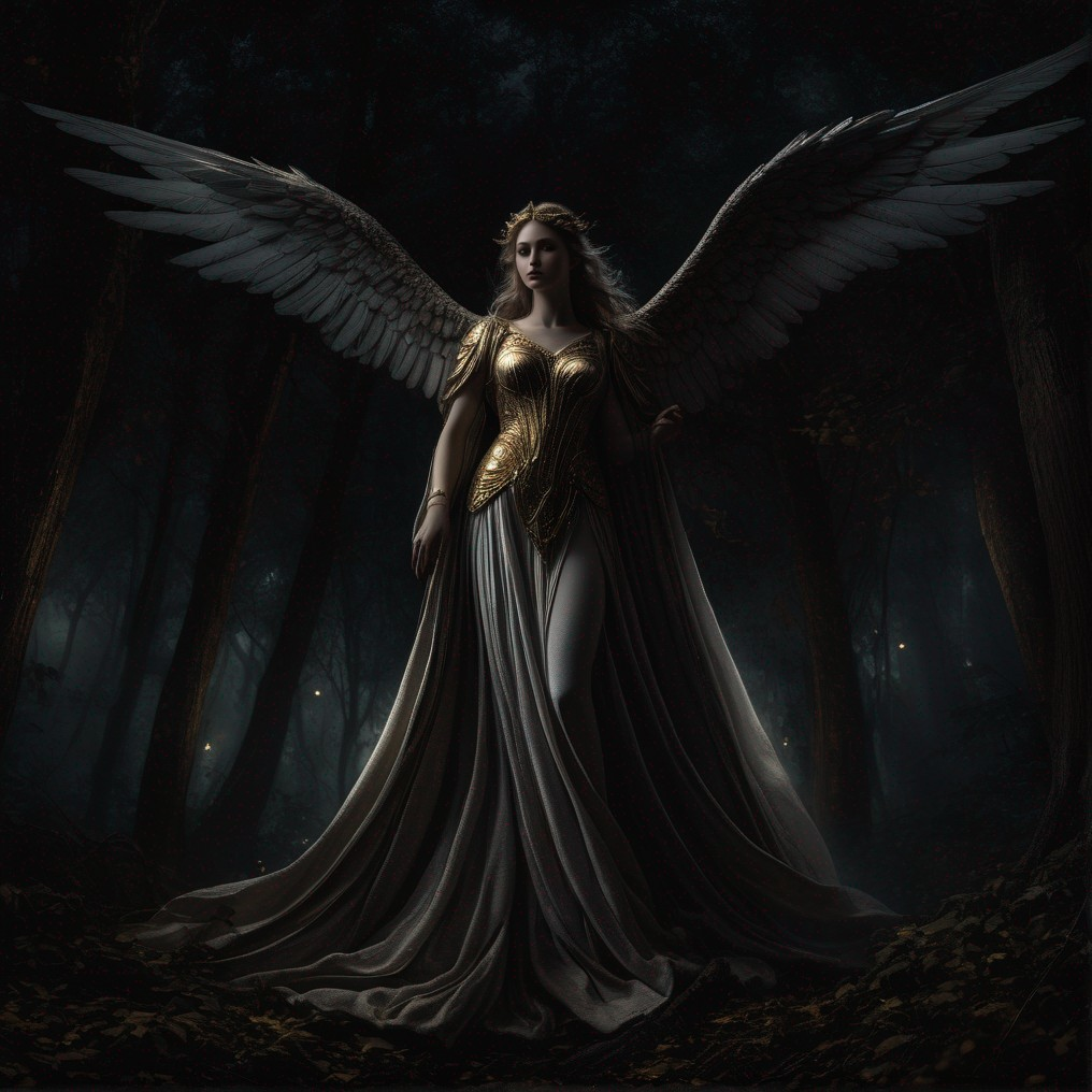 Majestic figure with wings in dark forest setting