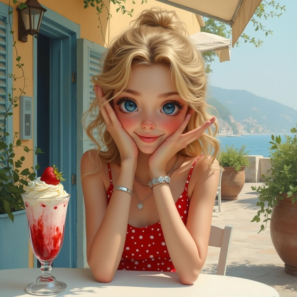 Cheerful woman in polka-dot dress at outdoor café