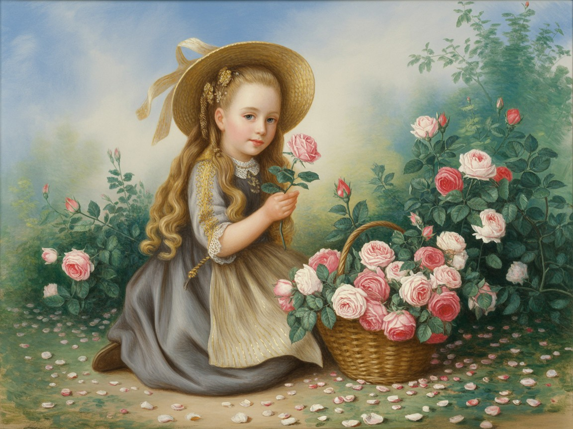 Young girl in vintage dress kneeling in rose garden