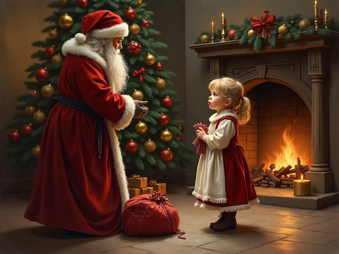 Santa Claus in Red Suit with Christmas Tree and Gifts