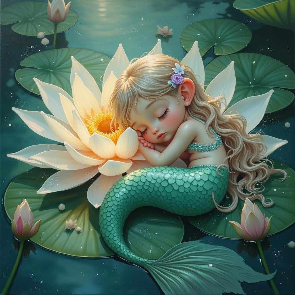 Mermaid Sleeping on a Water Lily in Tranquil Scene