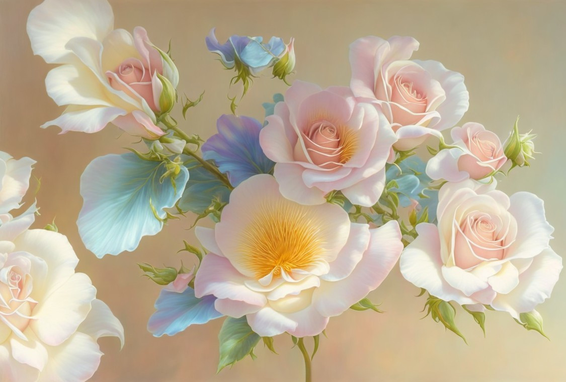 Delicate Roses in Pastel Hues with Blue and Yellow Accents