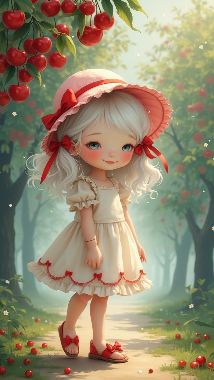 Whimsical Scene of Girl in Apple Orchard Setting