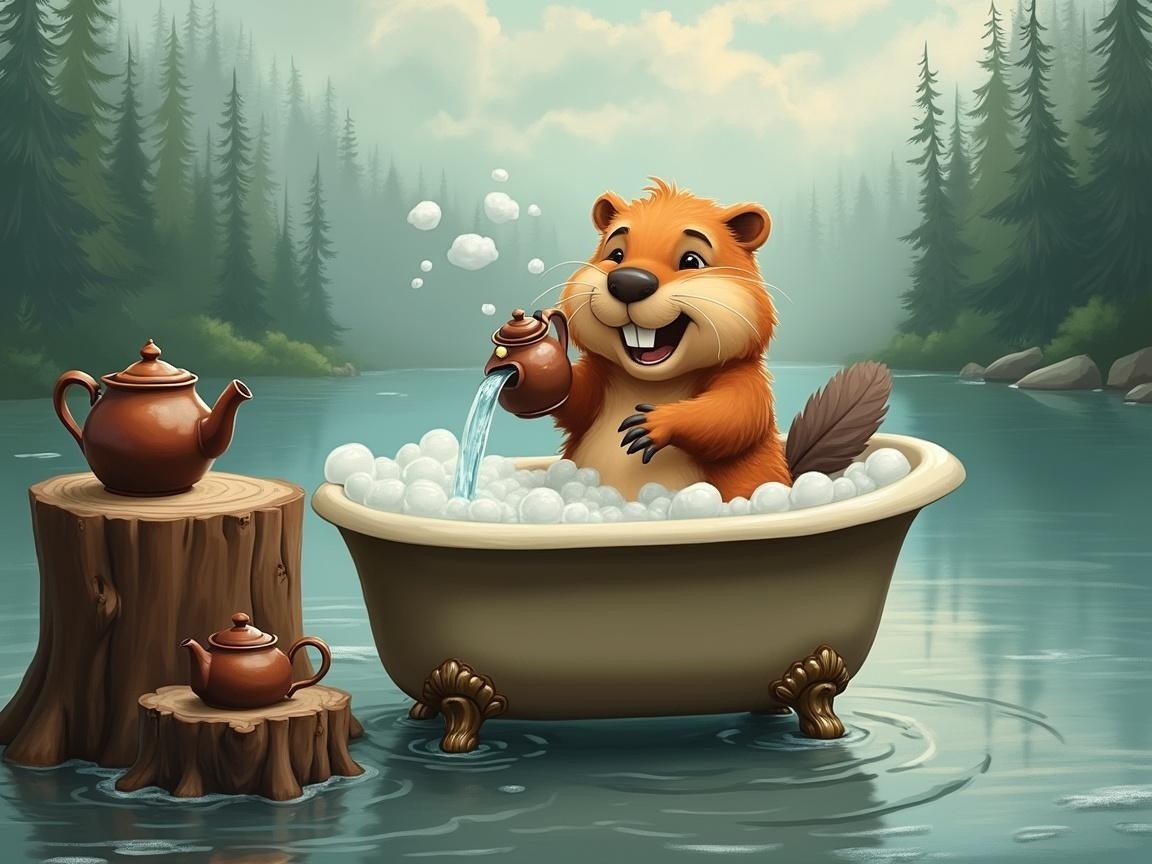Beaver in Bathtub at Lakeside with Teapots and Bubbles