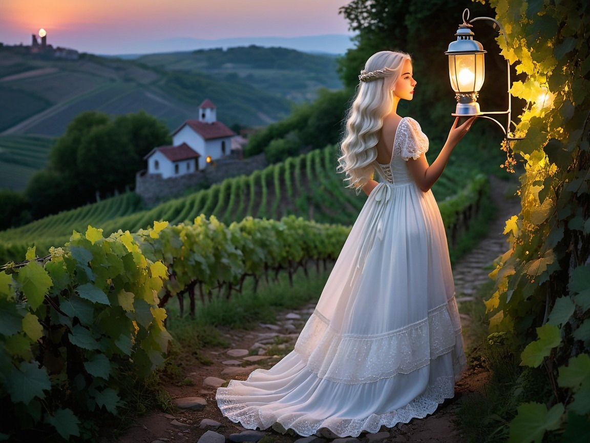 Young woman in white gown on cobblestone path at dusk