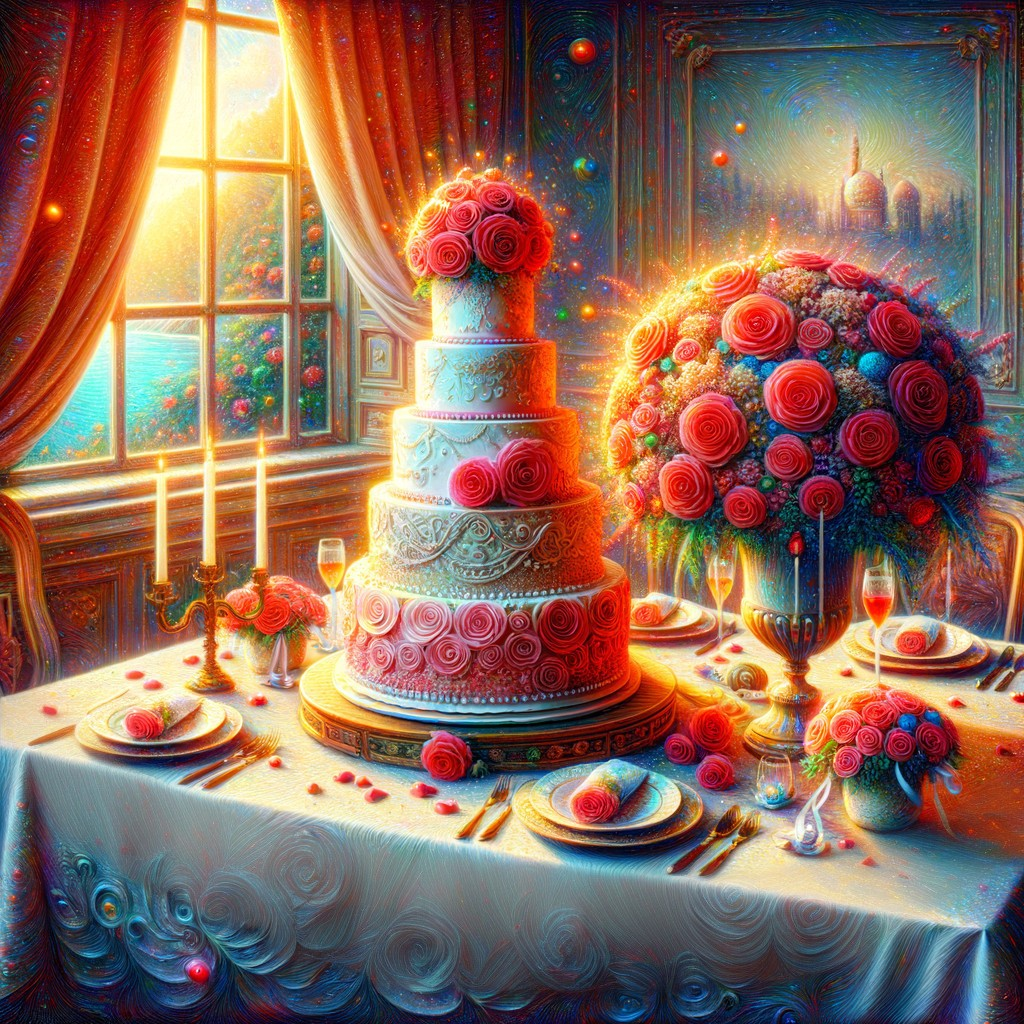 Magical Celebration: 3D Wedding Cake and Red Roses