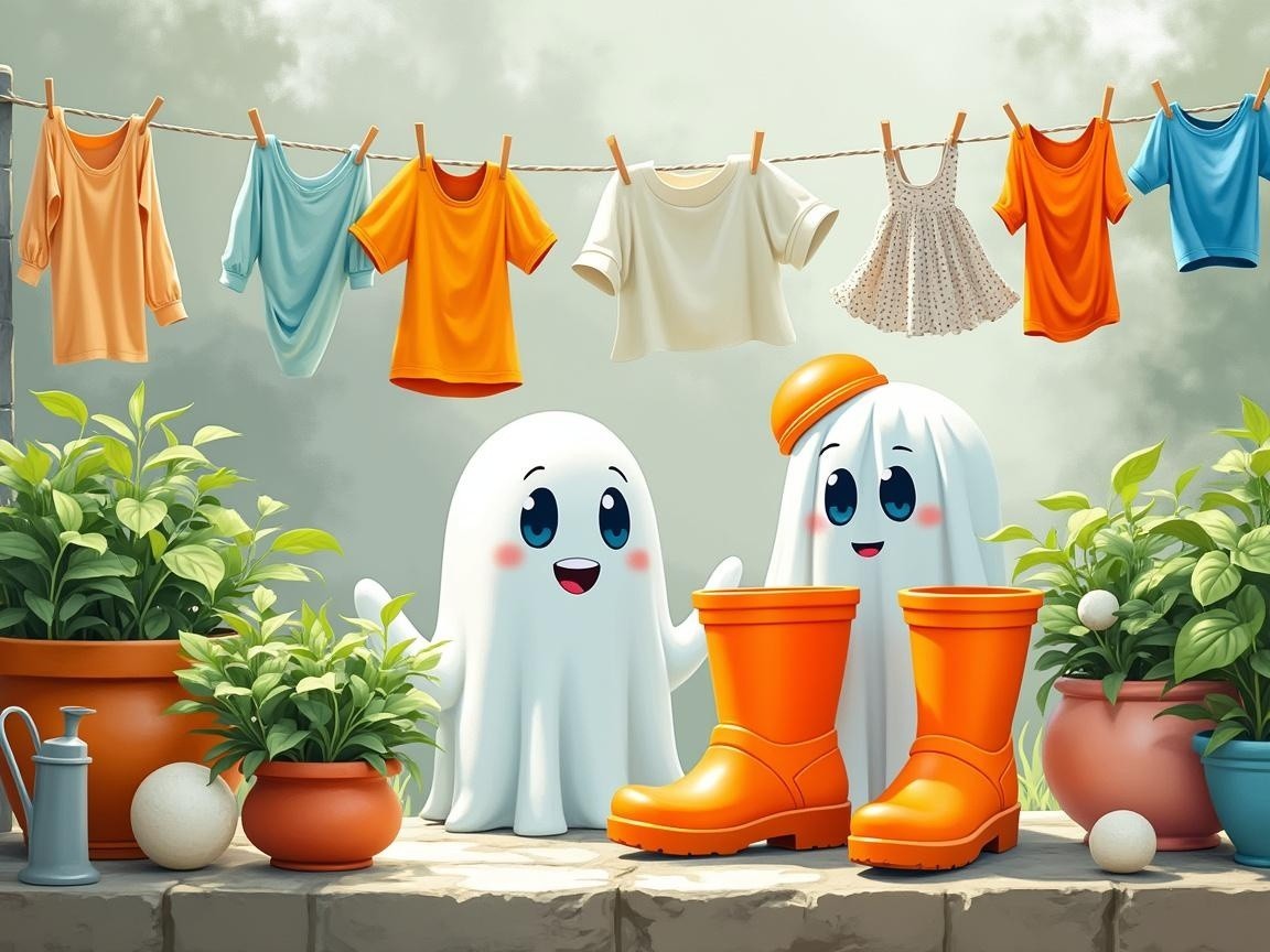 Cartoonish ghosts with rain boots in a whimsical scene
