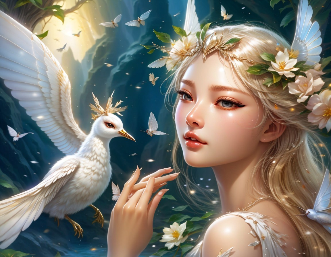 Serene Woman in Mystical Forest with Majestic Bird