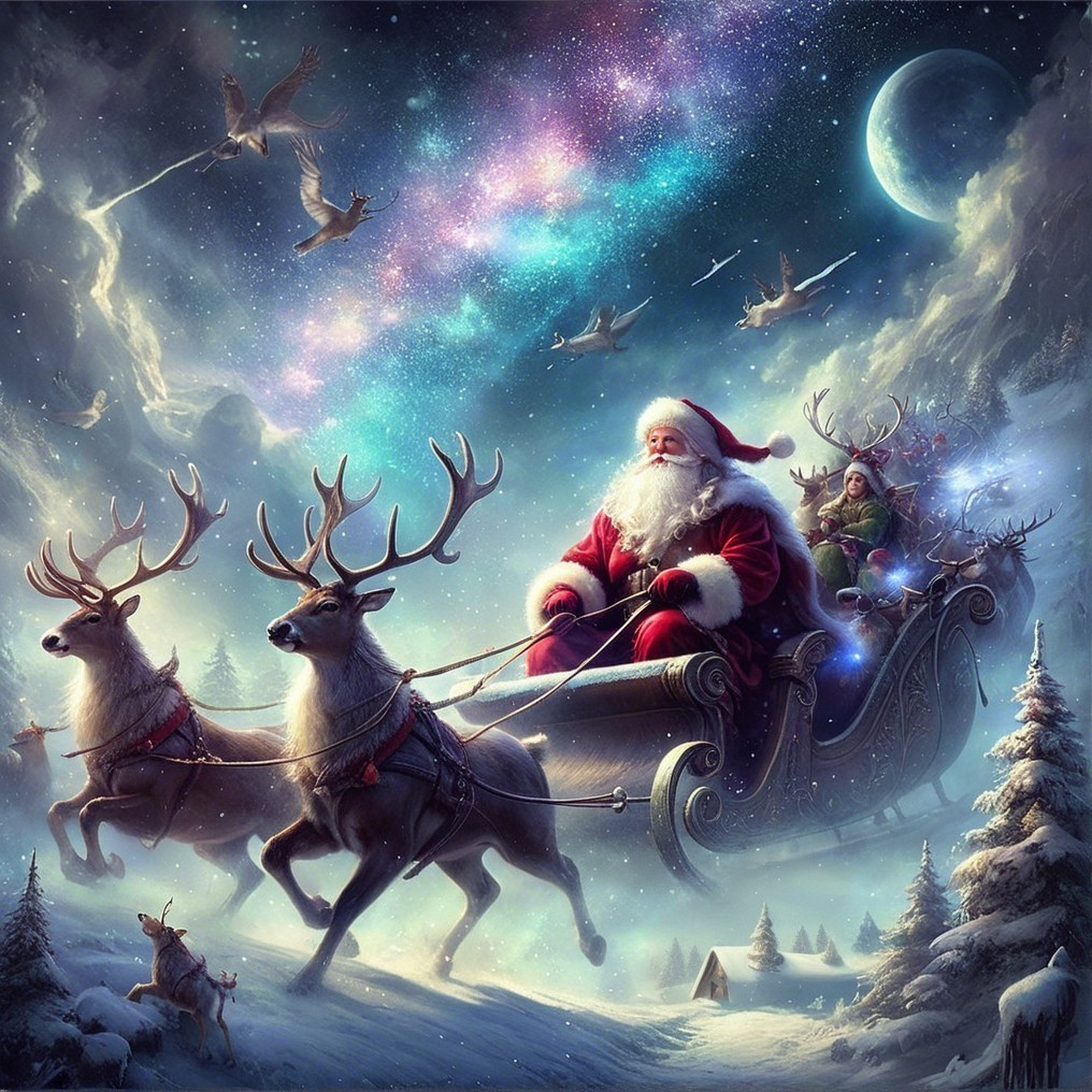 Magical Winter Scene with Santa and Reindeer Sleigh