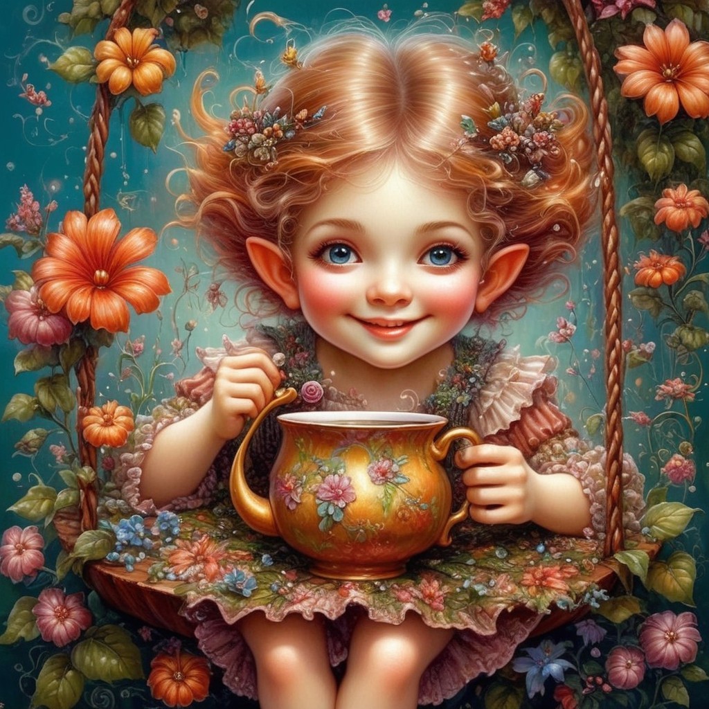 Enchanting Scene of a Girl on a Floral Swing