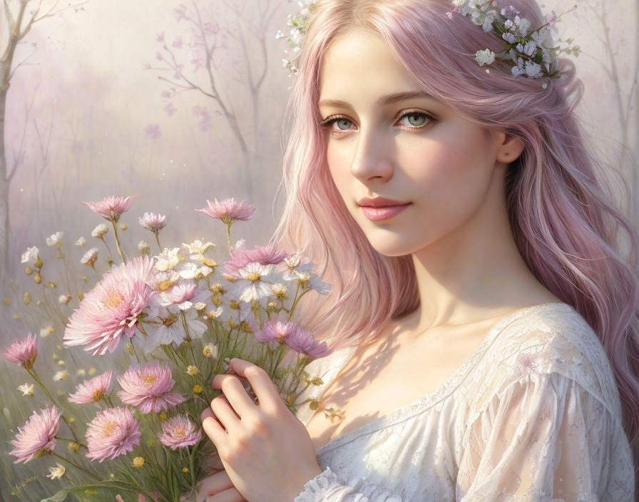 Young woman with pink hair in a pastel setting