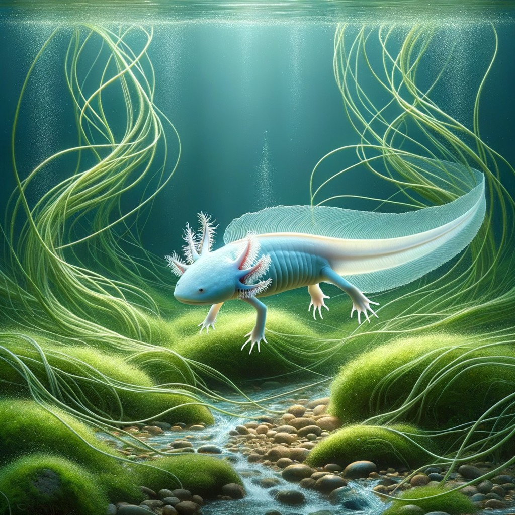 Underwater Scene with Blue Axolotl and Aquatic Plants