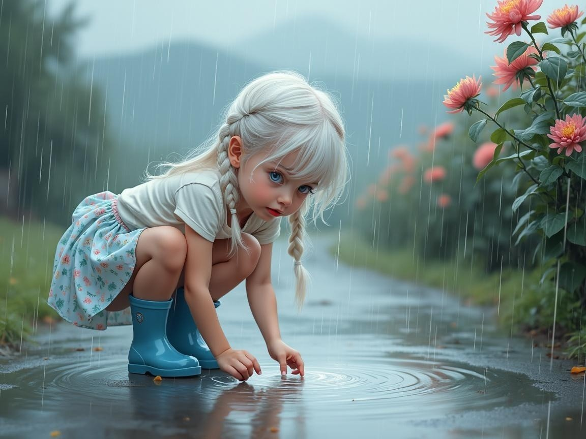 Young girl in blue boots playing in a rainy puddle