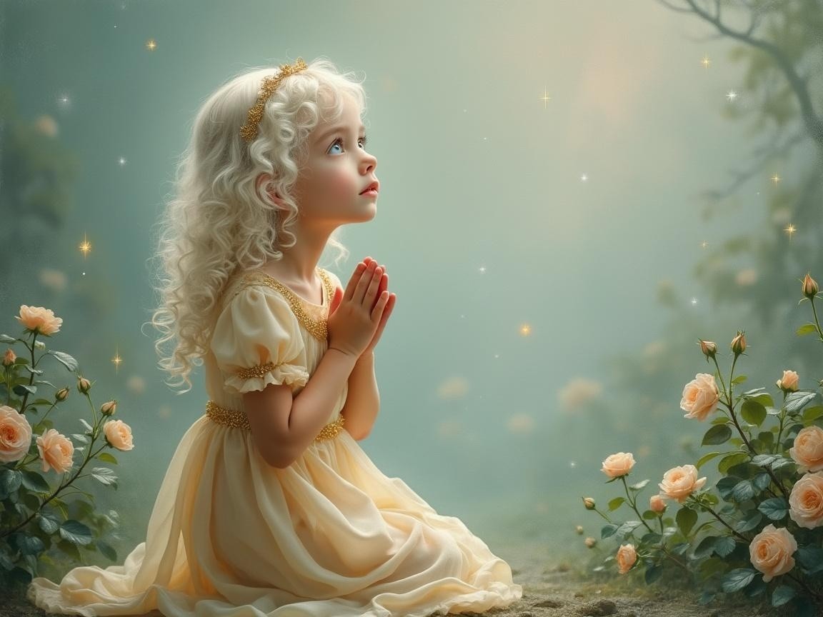 Young girl in golden dress kneeling in serene setting