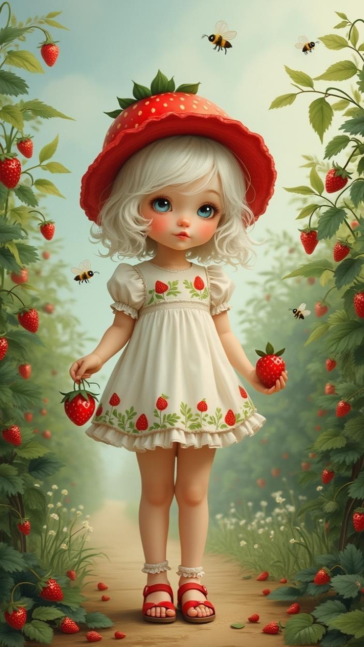 Whimsical Illustration of a Girl in a Strawberry Field
