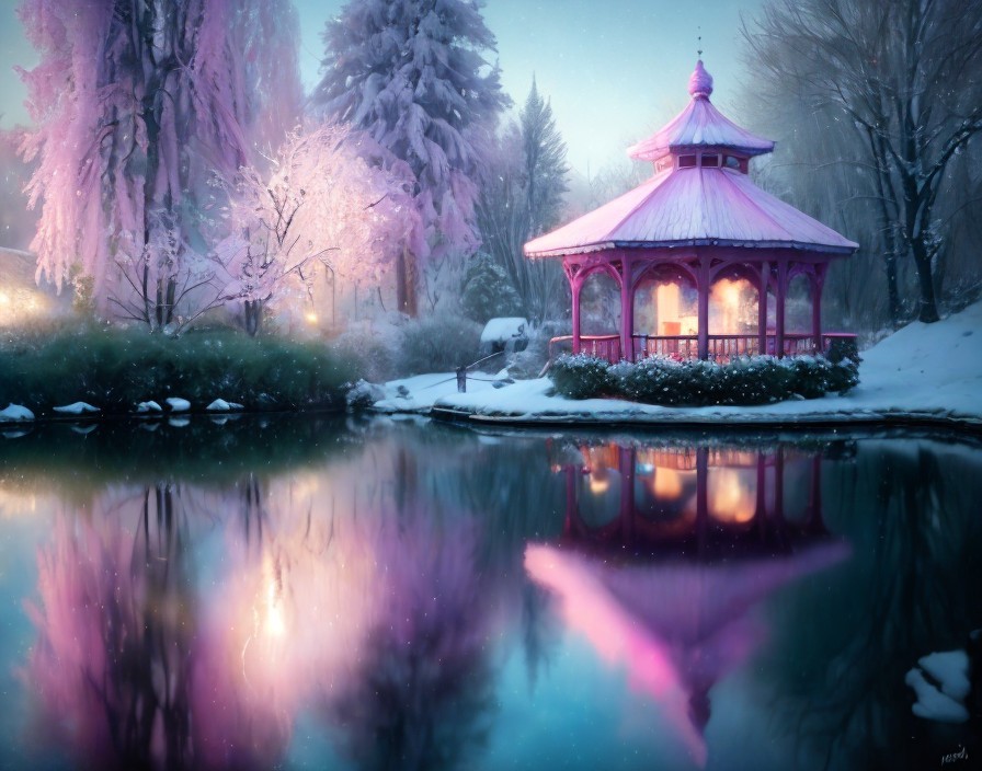 Winter Scene with Pink Gazebo and Snowy Landscape