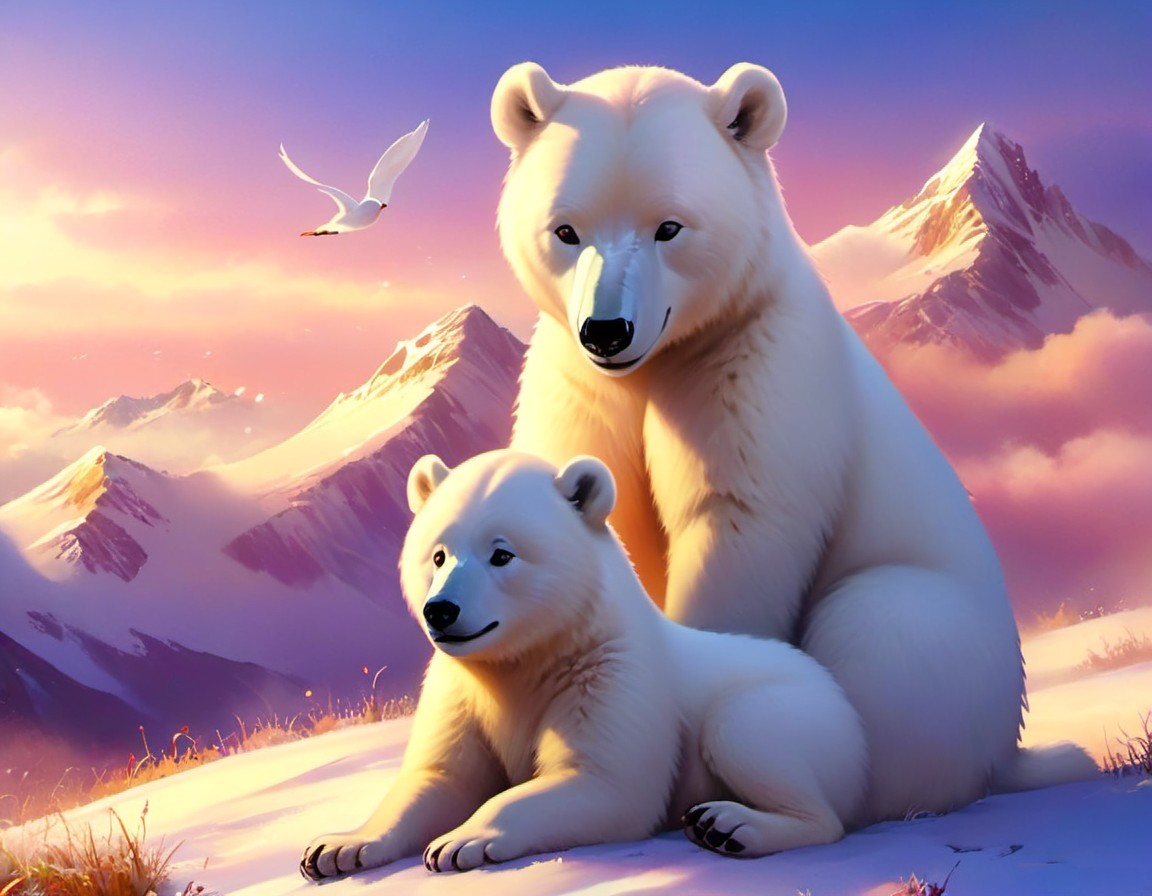 Polar Landscape at Sunset with Mother Bear and Cub