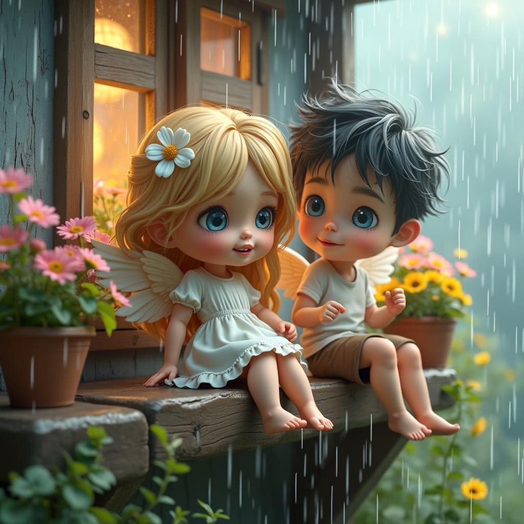 Dolls on a Windowsill with Rain and Flower Pots