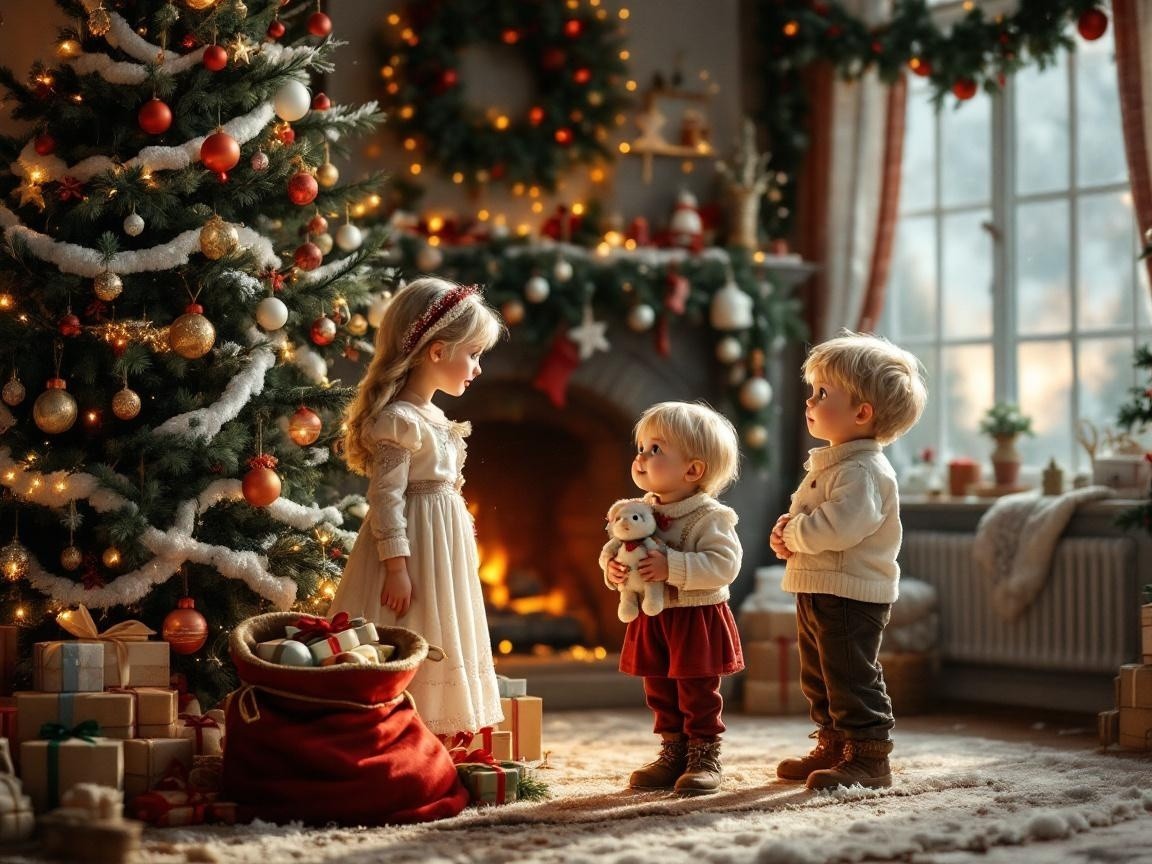 Cozy Christmas Scene with Children and Decorated Tree