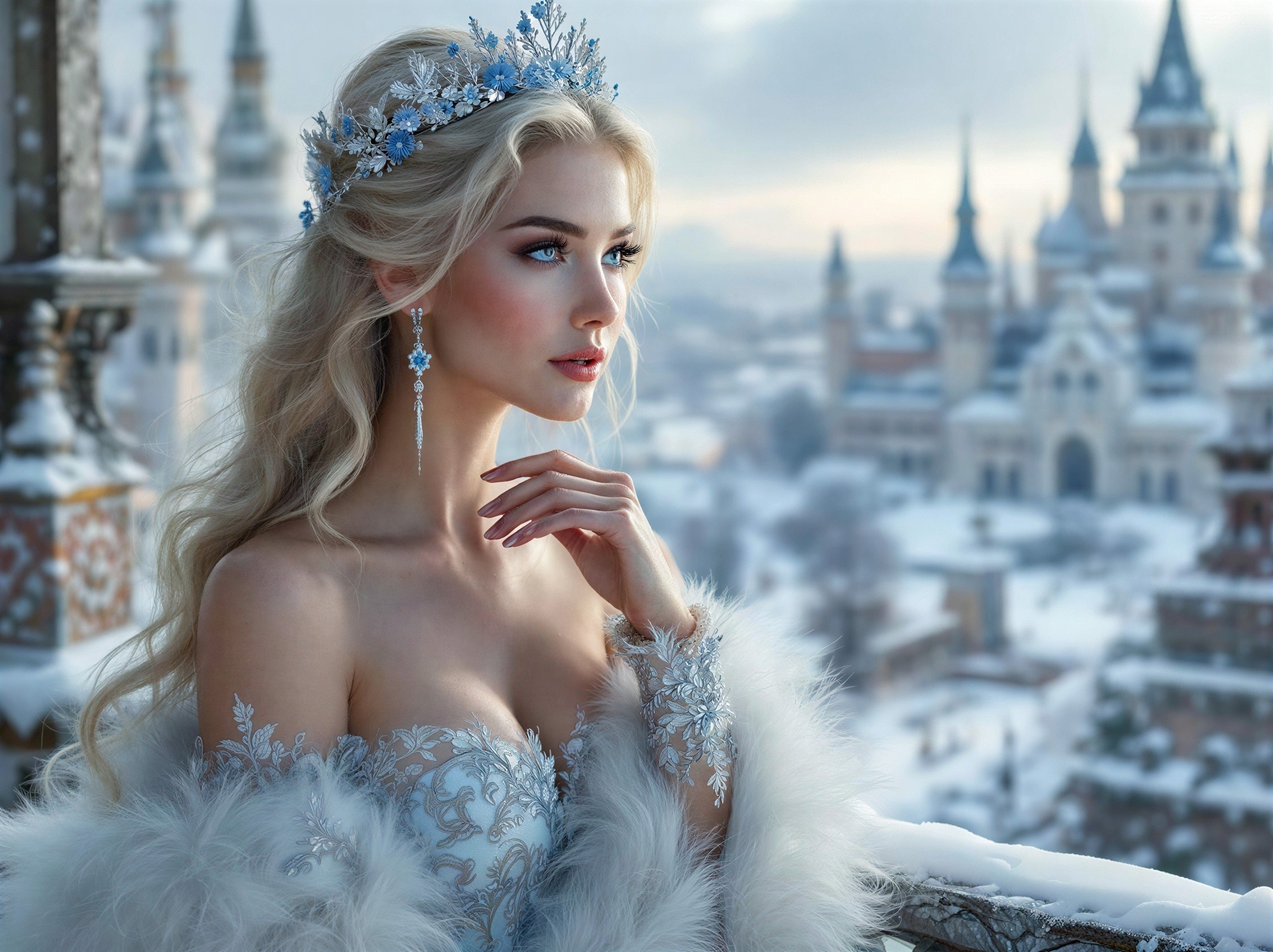 Blonde Woman in Elegant Attire on Snowy Balcony