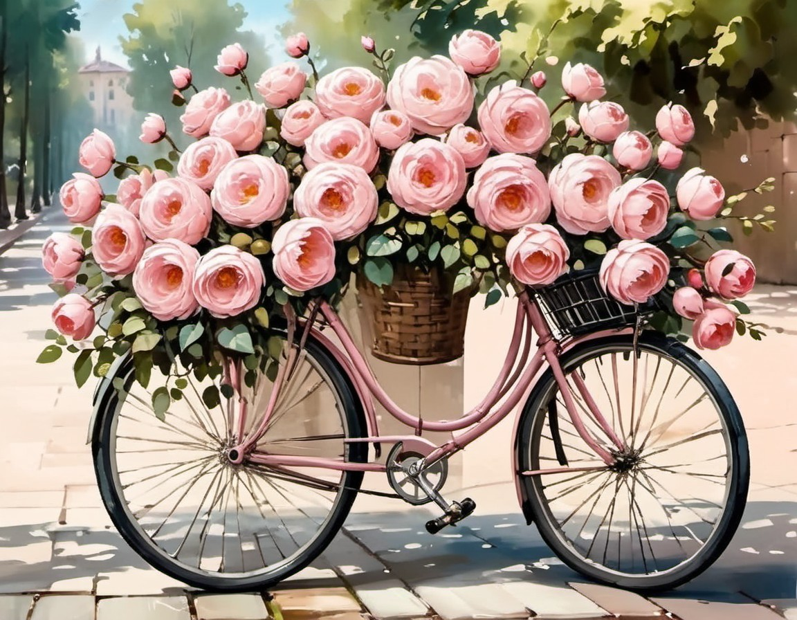 Pink Bicycle with Rose Basket on Cobblestone Path