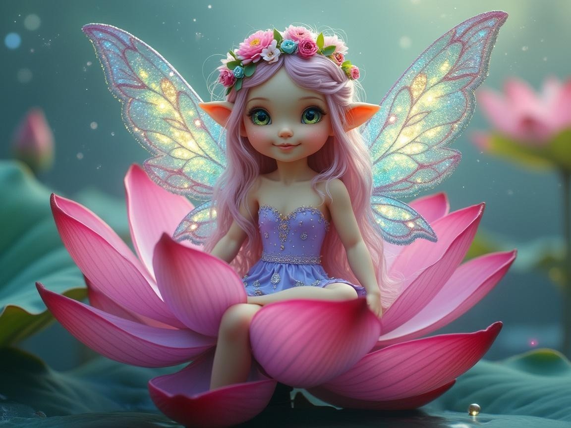 Whimsical Fairy on Lotus Flower with Shimmering Wings