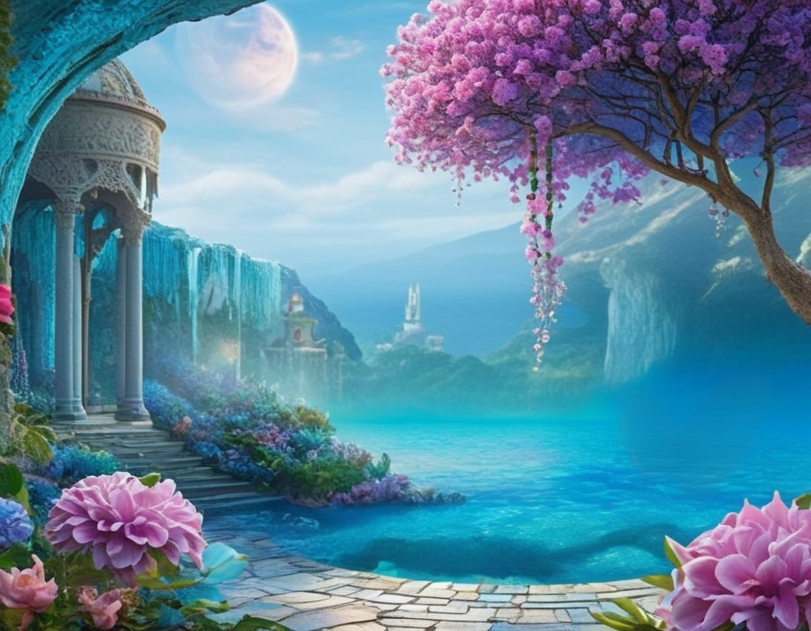 Serene Fantasy Landscape with Tranquil Lake and Waterfalls