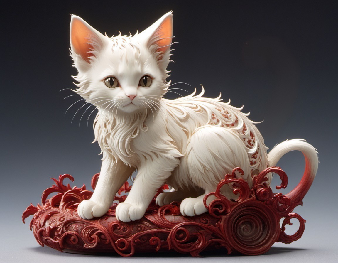 Intricate White Cat Figurine on Ornate Red Base