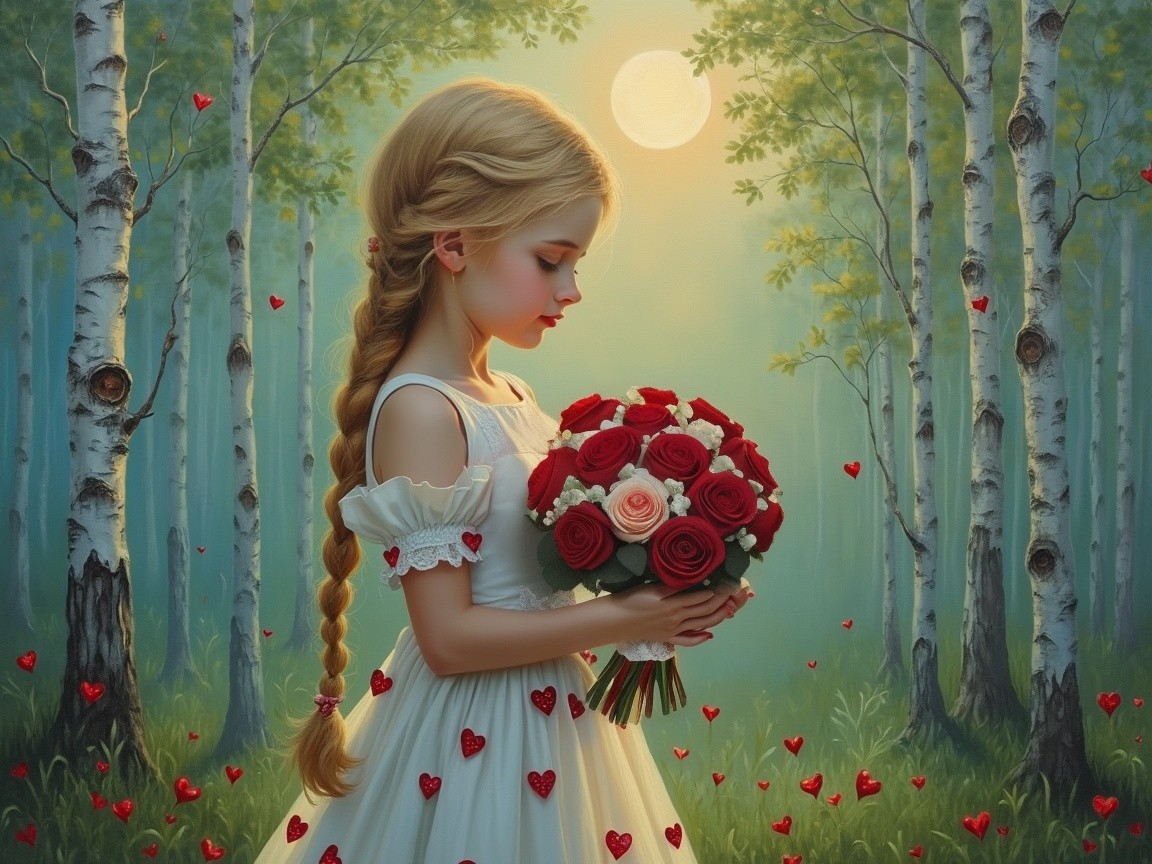 Young girl in white dress with roses in sunlit forest