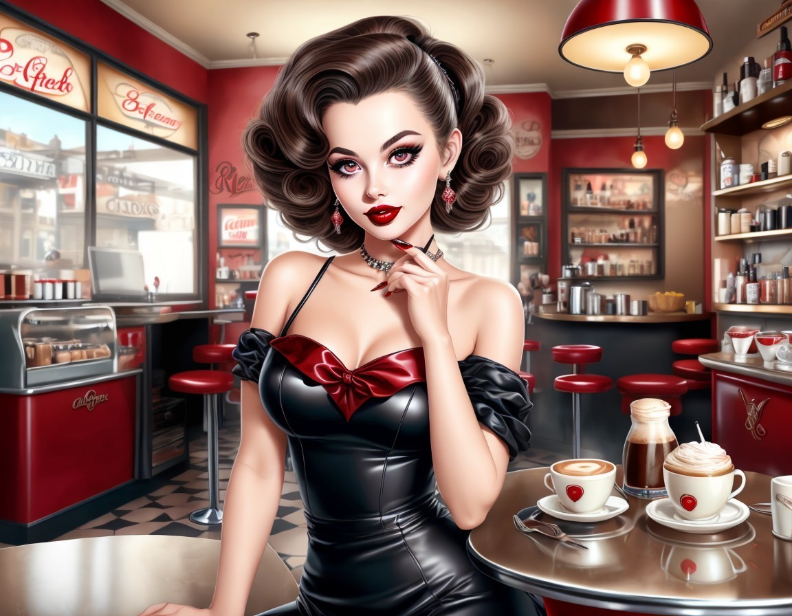 Glamorous Woman in Vintage Diner with Retro Decor
