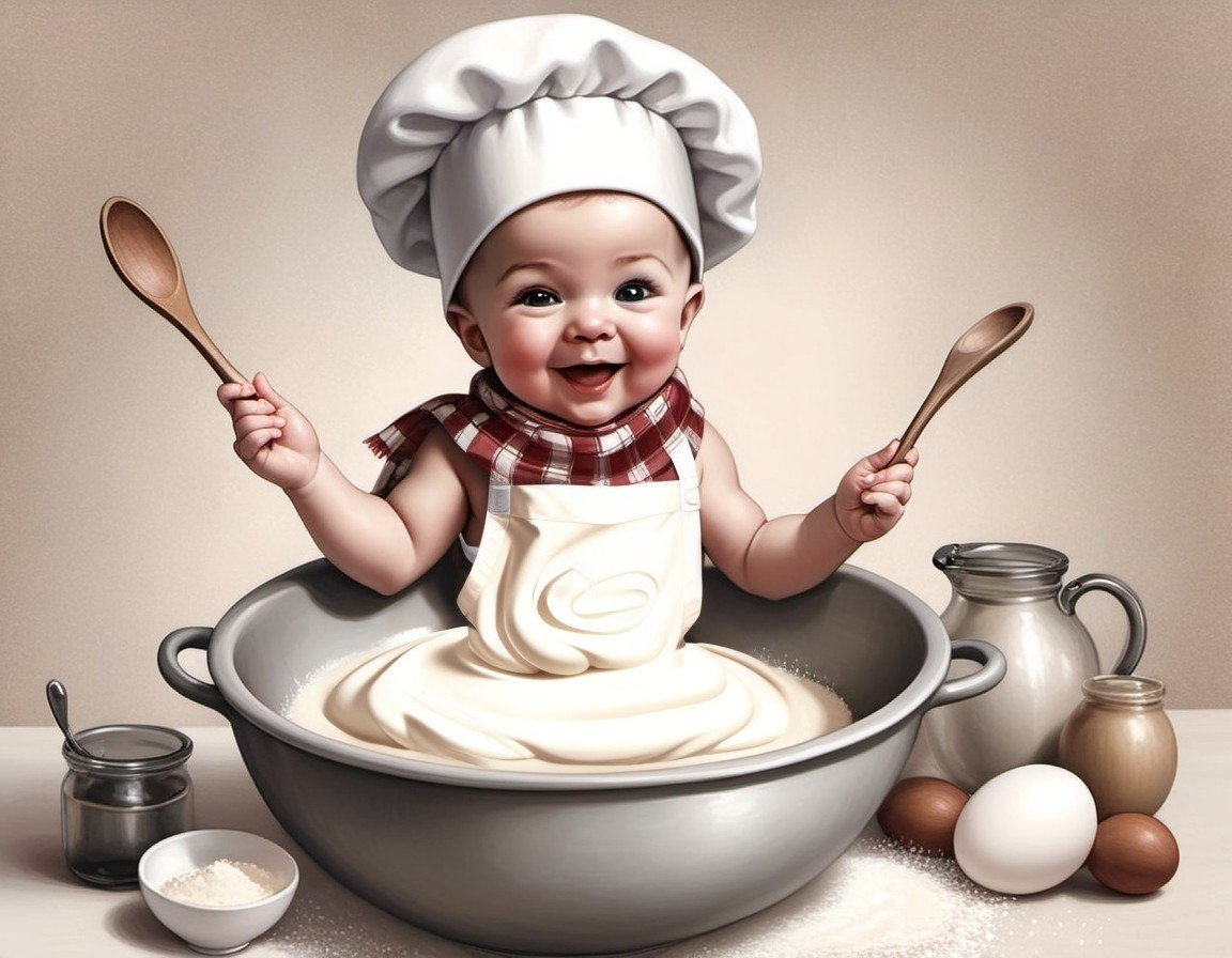 Cheerful Baby in Mixing Bowl with Baking Ingredients