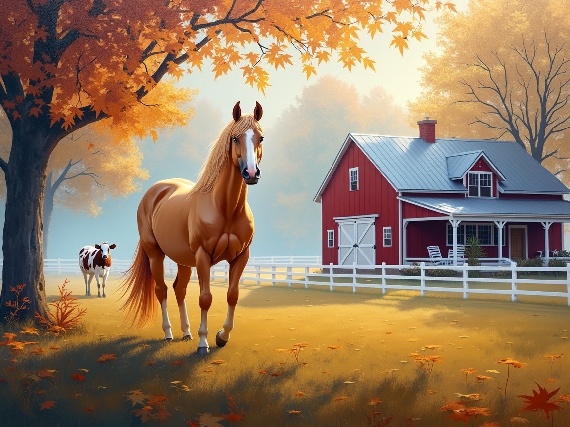 Serene autumn farm scene with horse and cow