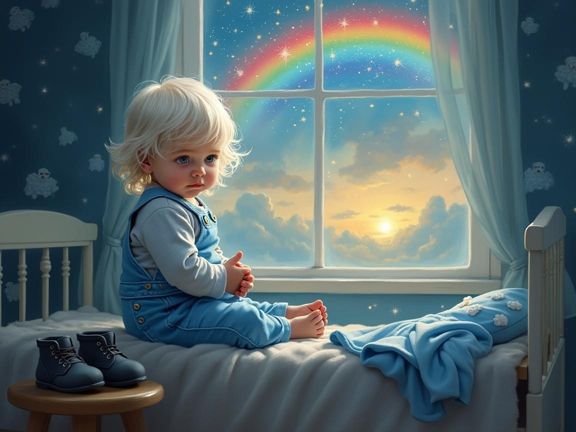 Child with blonde hair on bed, rainbow at sunset