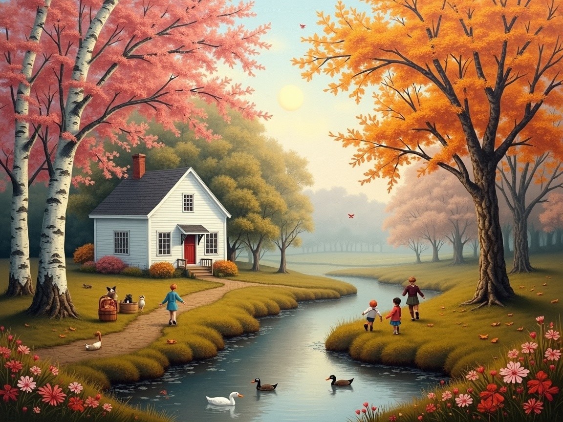 Autumn Landscape with House by Serene River